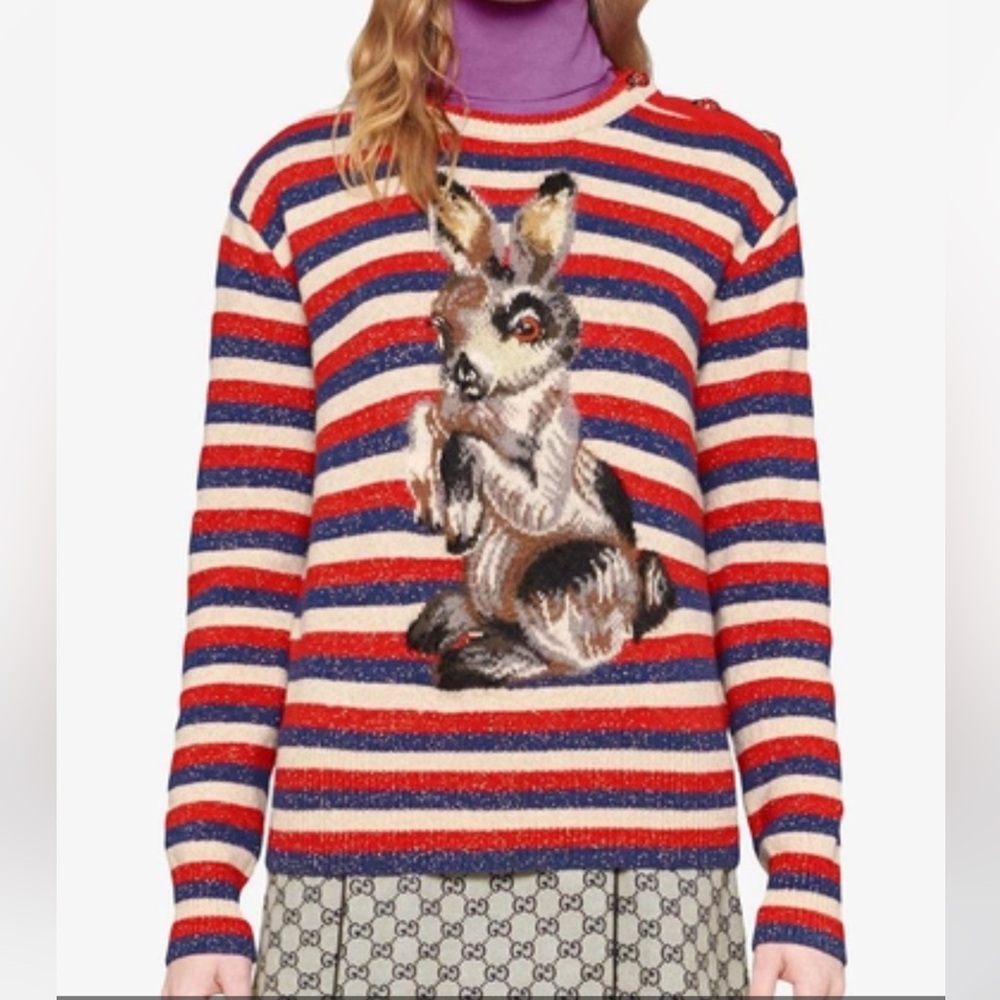 Gucci Striped Rabbit Sweater with Ladybugs on One Shoulder